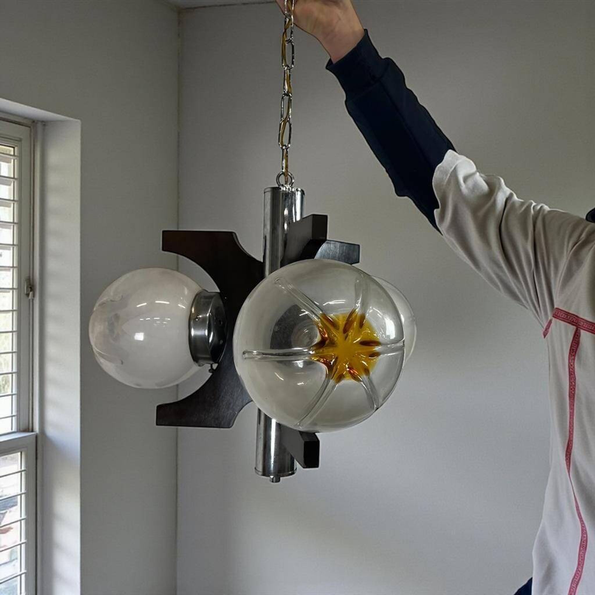Vintage wooden suspension with Murano glass by Mazzega.