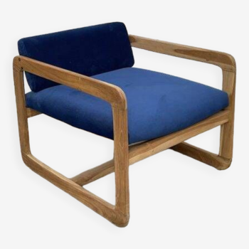 Vintage teak and velvet fabric fireside chair