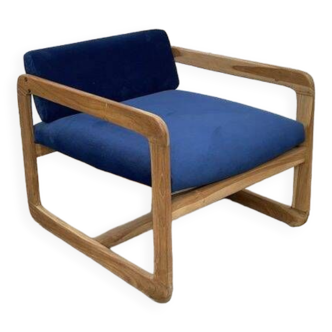 Vintage teak and velvet fabric fireside chair
