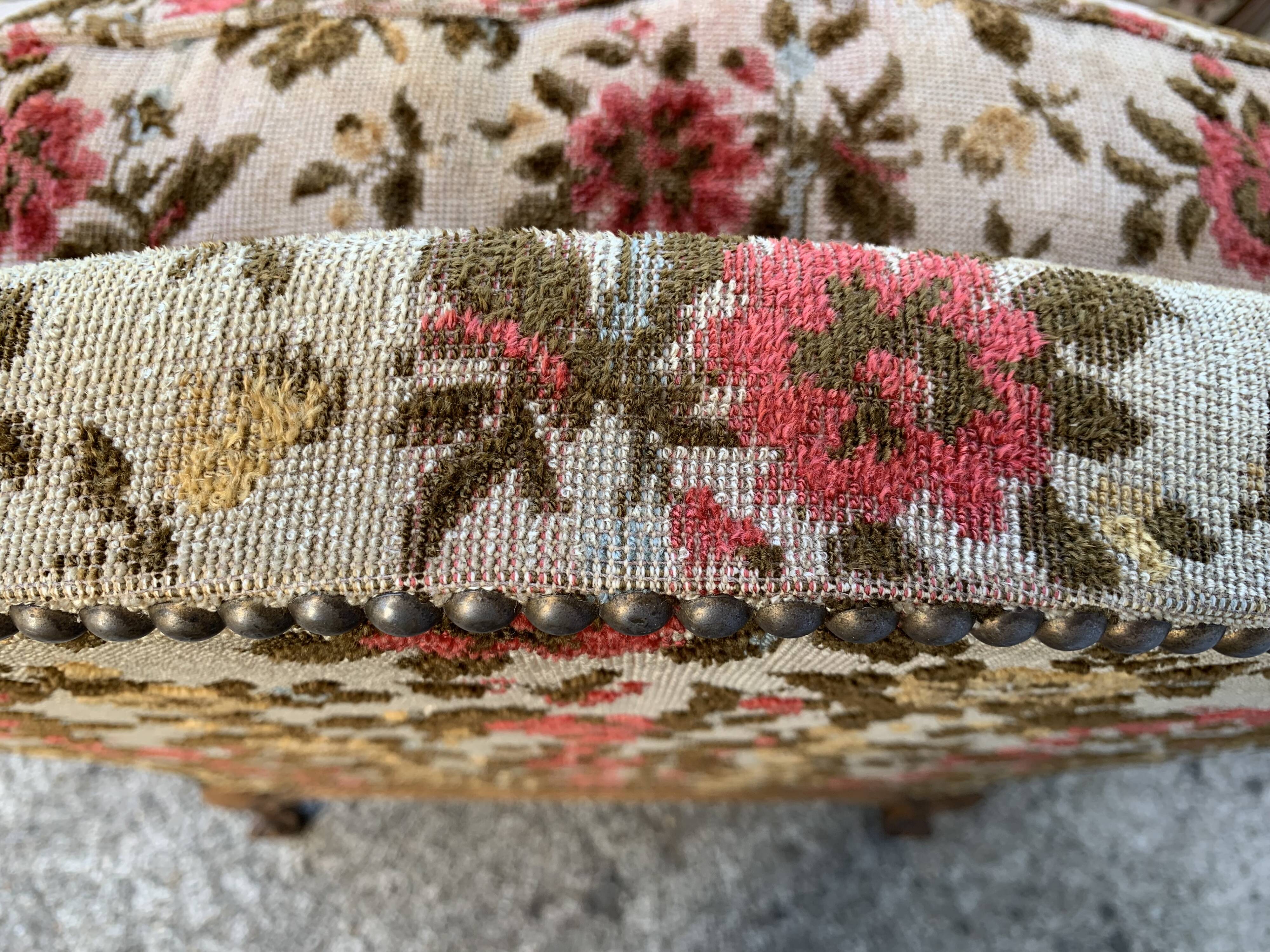 Antique Louis XV style shepherdess armchair in floral flocked fabric