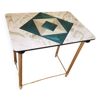 Table basse vintage et marqueterie de paille. Créatrice française