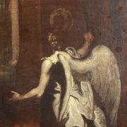 Painting of Daniel in the lion's den, oil on canvas, 17th century.