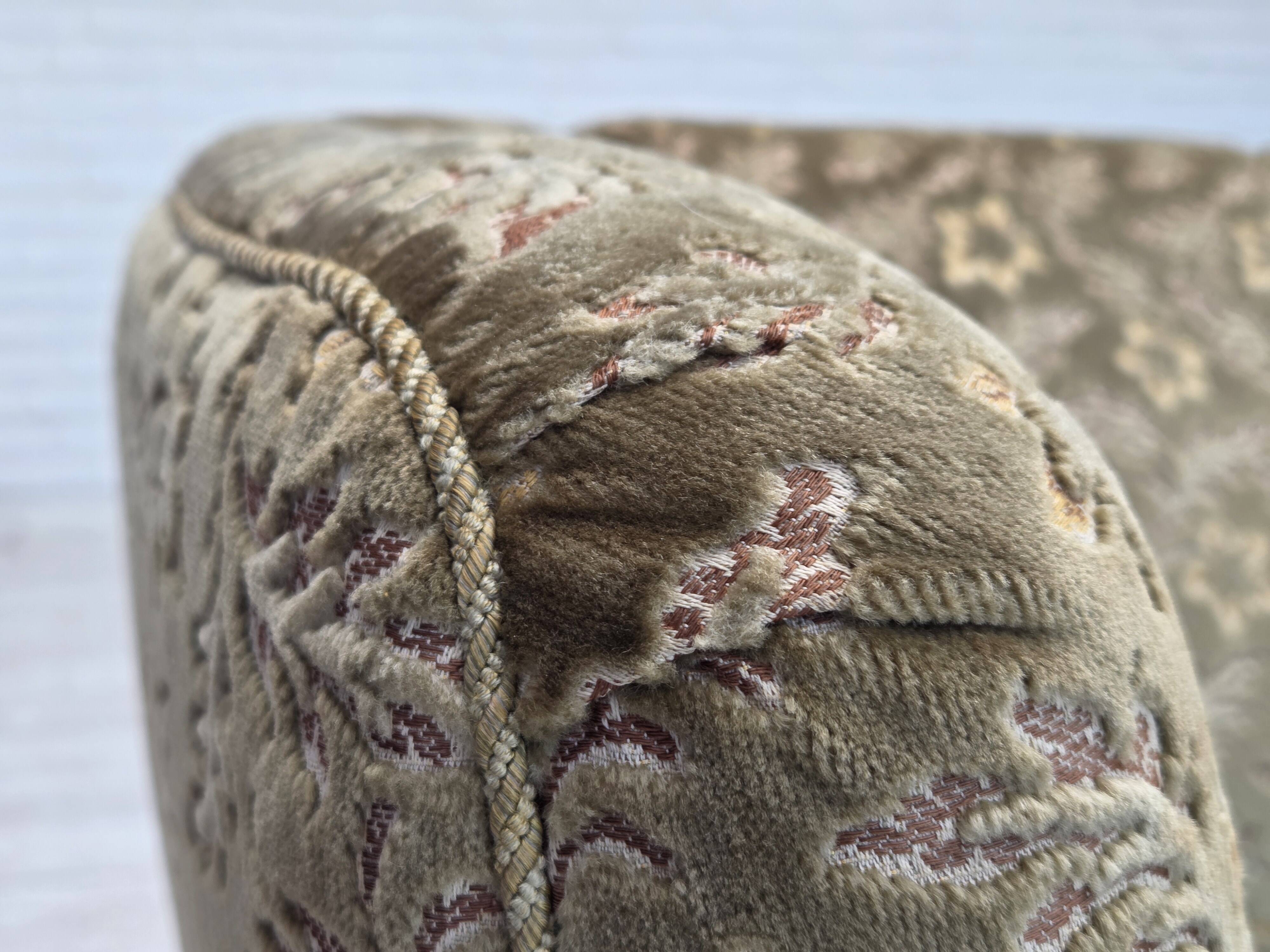 1960s, Danish 3-seater curved sofa, furniture velour, beech wood legs.