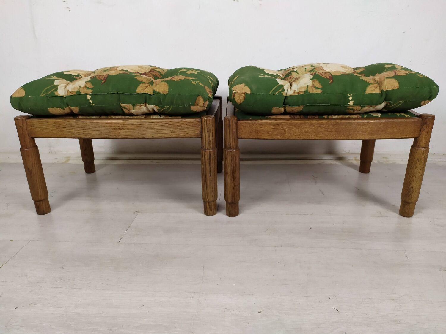 Pair of vintage oak poufs