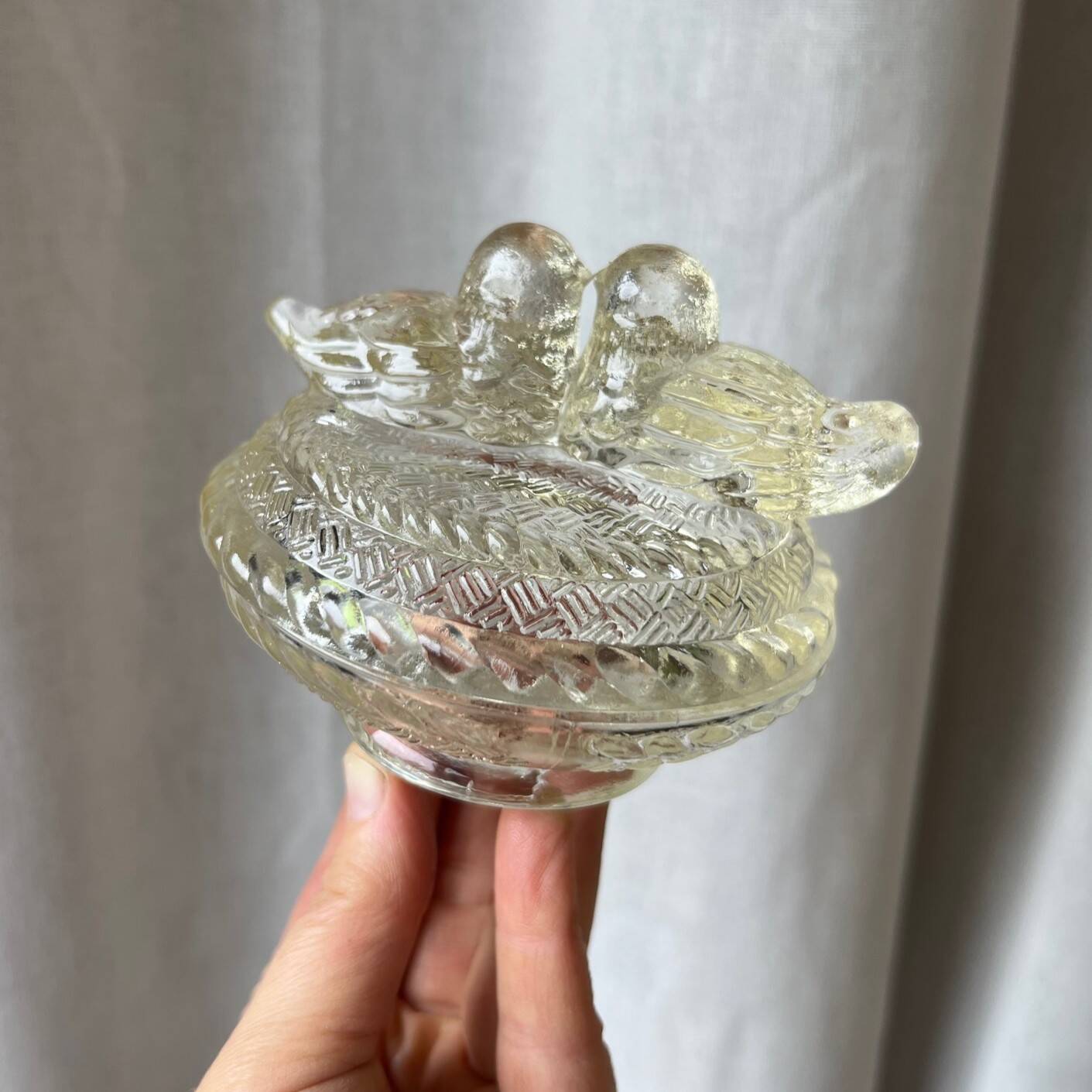 Glass butter dish with "birds" design