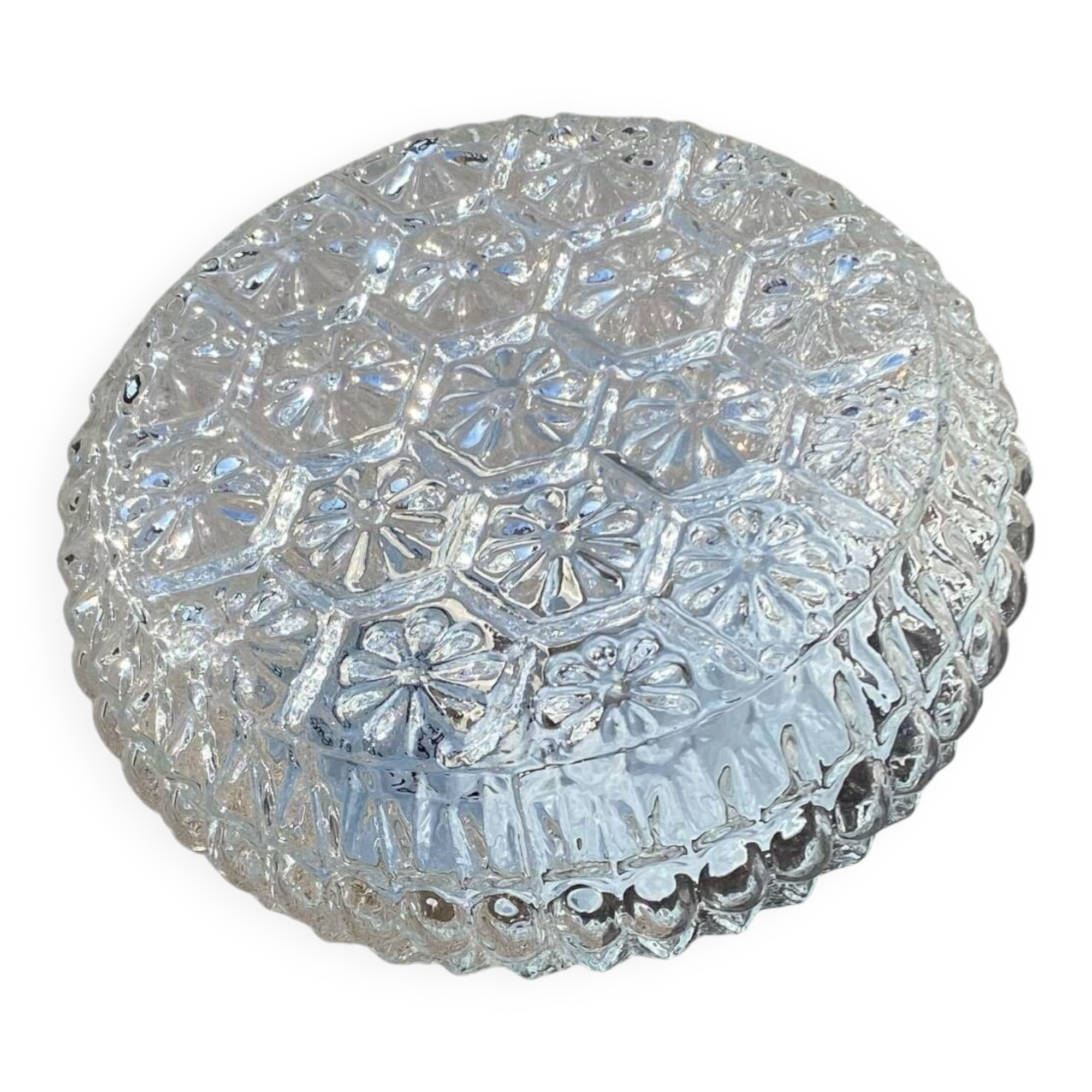 Round wall light ceiling fixture in glass with small vintage flowers from the 1970s and 1980s.