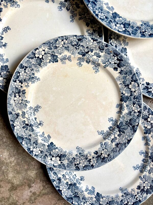 6 assiettes plates Sarreguemines en terre de fer bleue, service ''Récamier