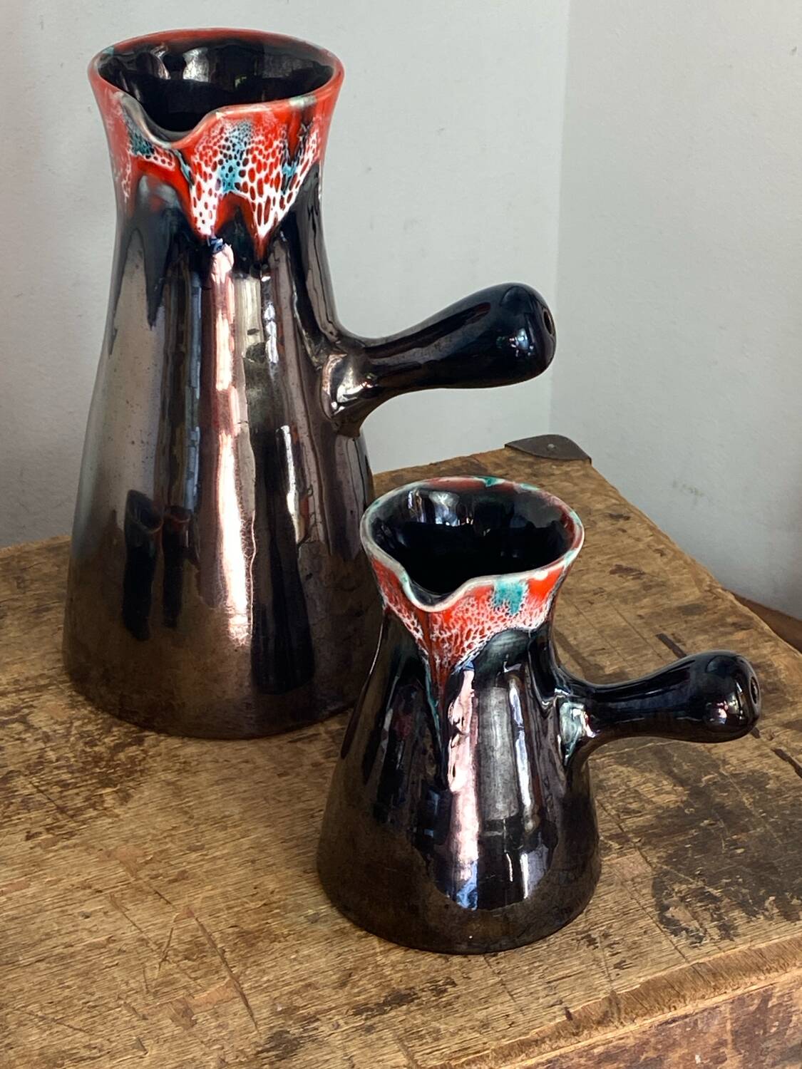 Pitchers and cups, iridescent ceramic, Vallauris