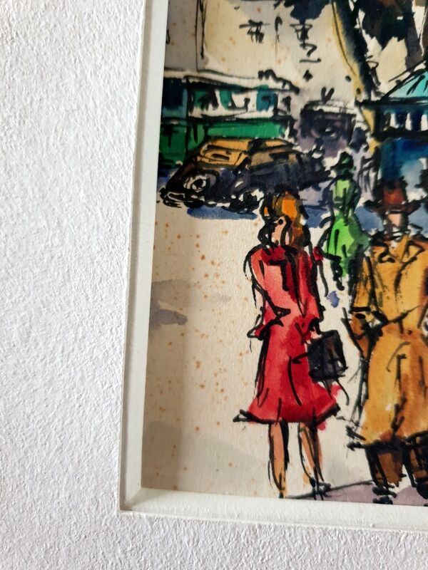 André Duculty (1912-1990) Watercolor on paper "The flower market of the Madeleine in Paris" Signed