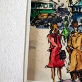 André Duculty (1912-1990) Watercolor on paper "The flower market of the Madeleine in Paris" Signed