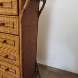 Semainier 6 tiroirs en bois, bambou et rotin tressé, années 60