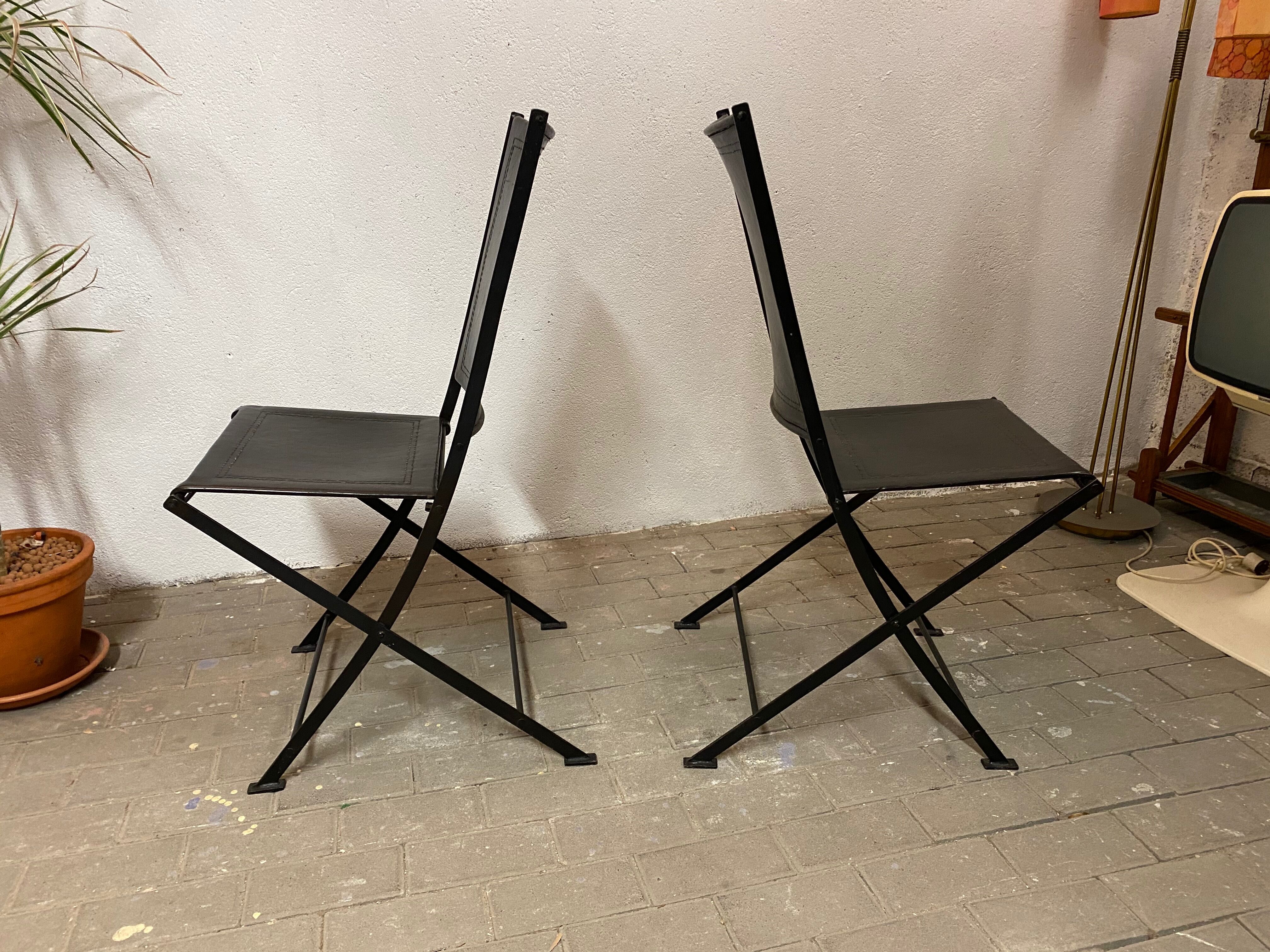 1950s vintage iron folding chairs and leather