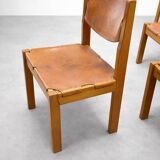 Set of 4 chairs from the 1960s in elm and patinated leather.