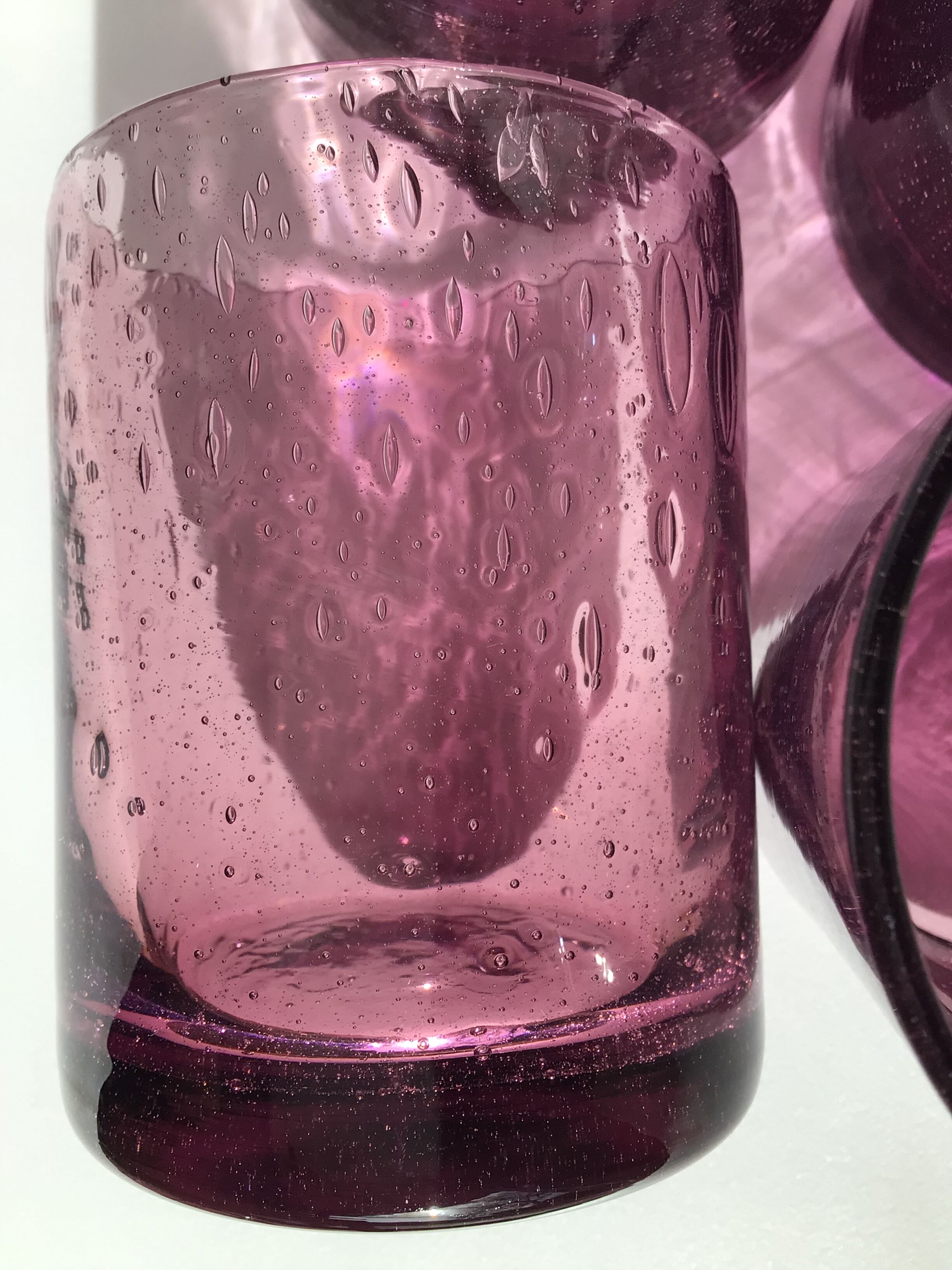 6 Straight bubbled glasses purple mouth blown glass
