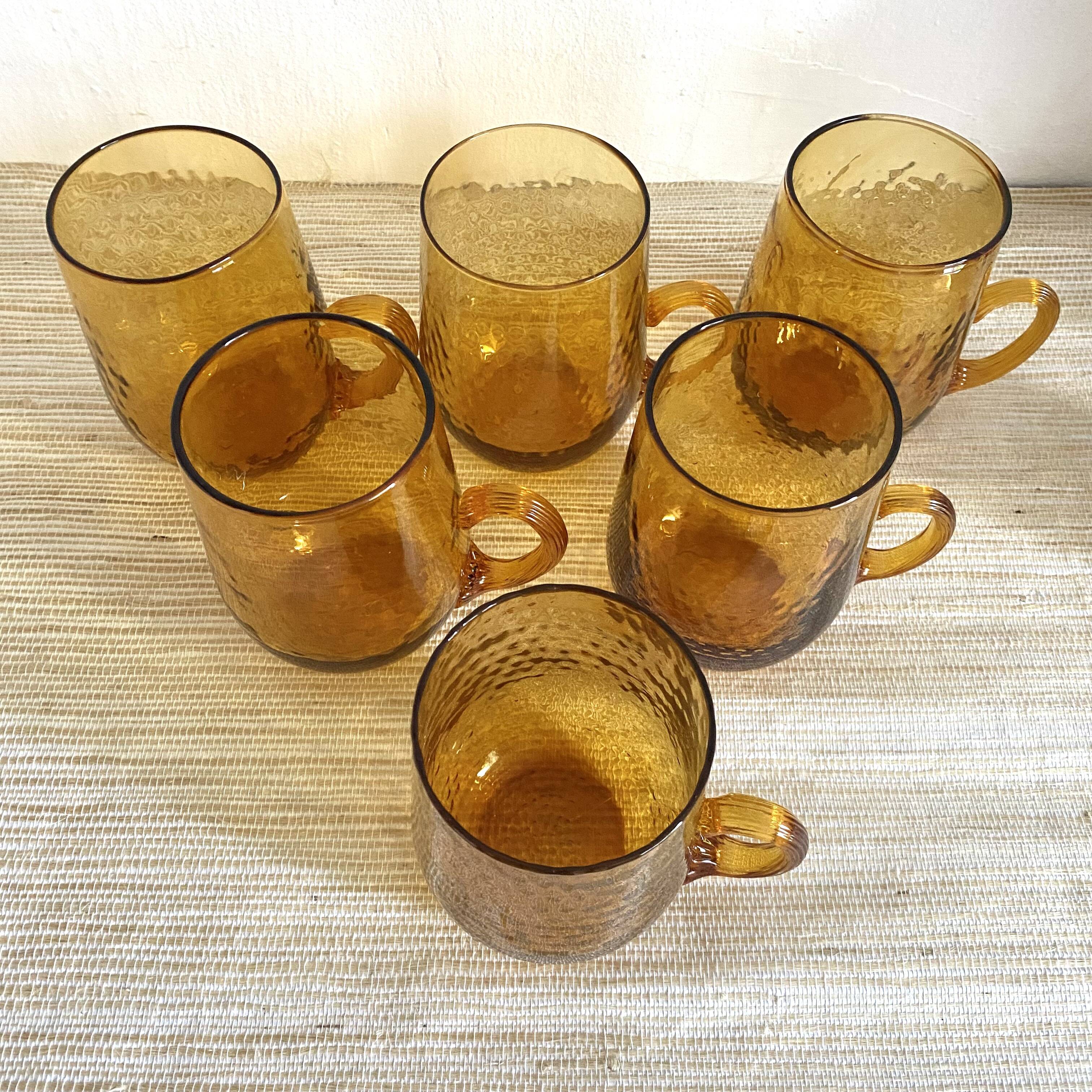 Amber blown glass mug glasses, 70s
