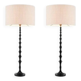 Pair of black piano lacquered table lamps with black granite base.