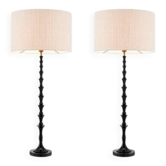 Pair of black piano lacquered table lamps with black granite base.