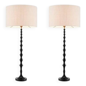 Pair of black piano lacquered table lamps with black granite base.