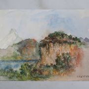 Gilbert Pastor: Snowy summit behind a hill, original signed watercolor