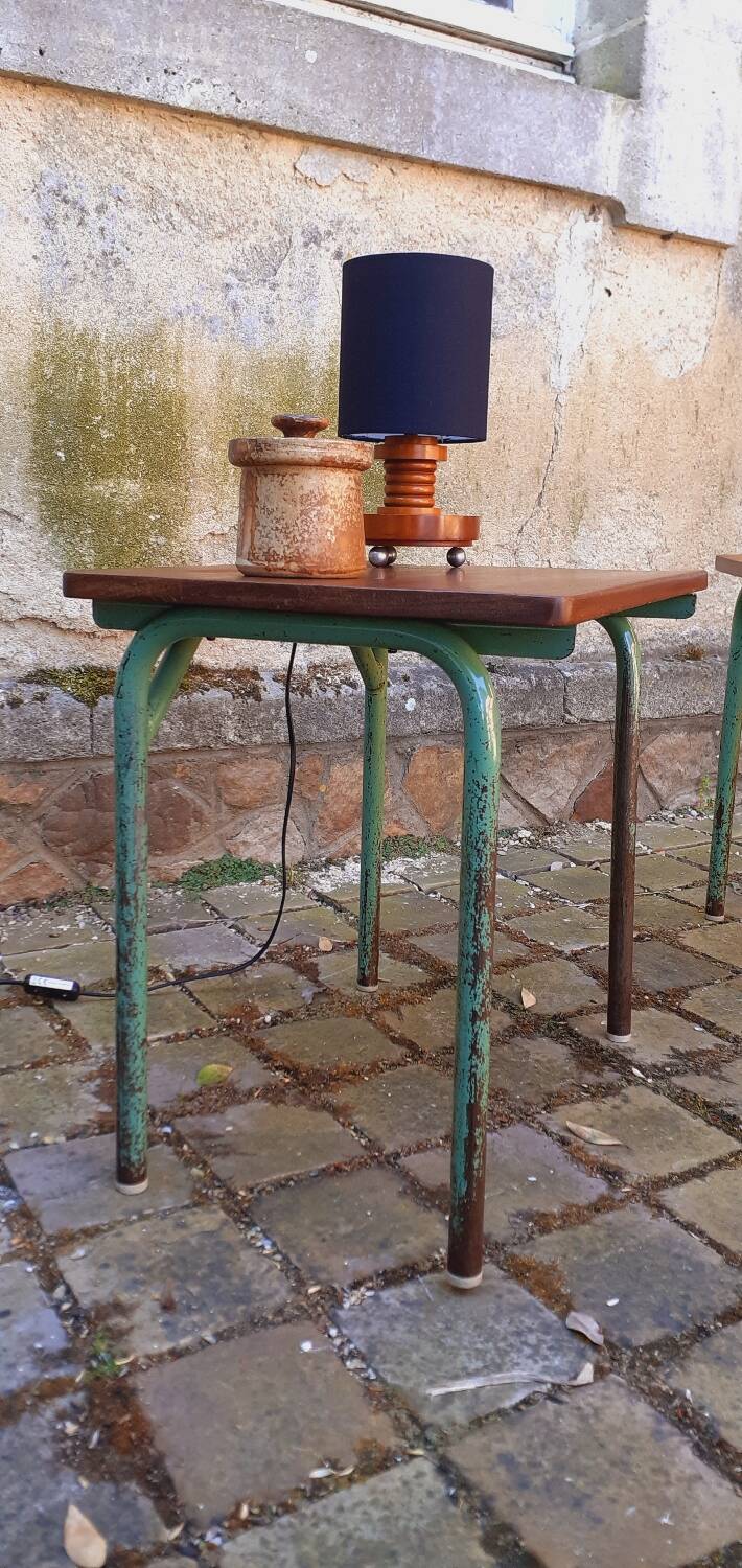 Pair of 1960s tables in tubular metal and solid teak