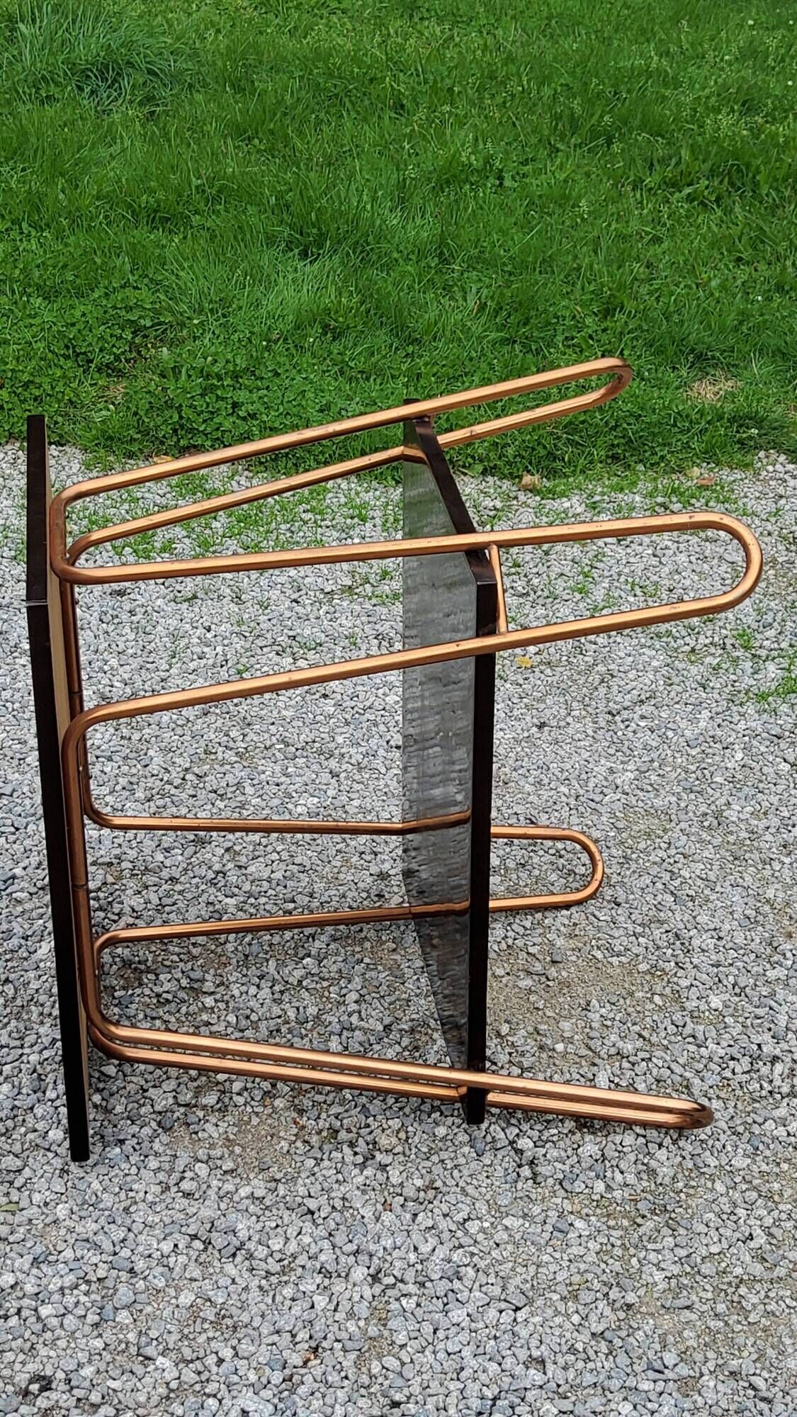 Vintage double wooden side table with copper base from the 50s