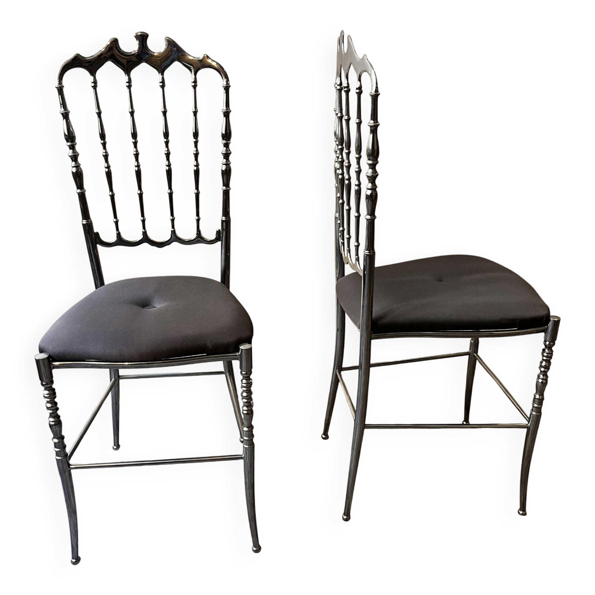 Pair of Chiavari chairs in polished mirror aluminium.