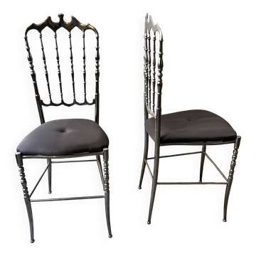 Pair of Chiavari chairs in polished mirror aluminium.