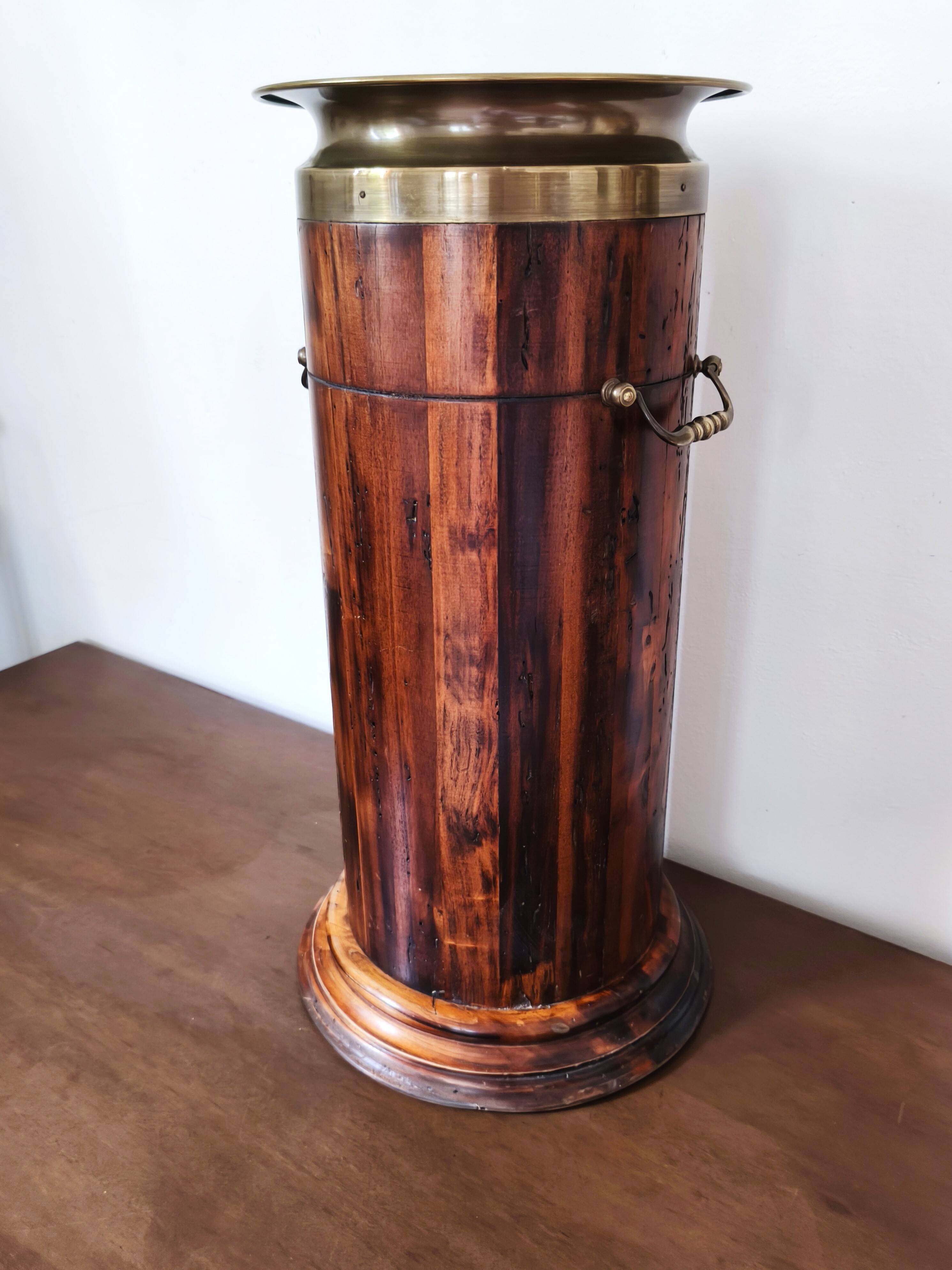 Vintage Florentine umbrella stand made of reclaimed wood and brass.