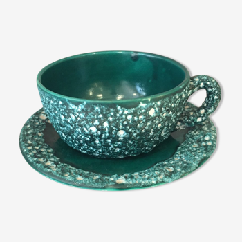Large tea or chocolate cup with its vintage vallauris green and white ceramic sub-cup