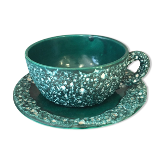 Large tea or chocolate cup with its vintage vallauris green and white ceramic sub-cup