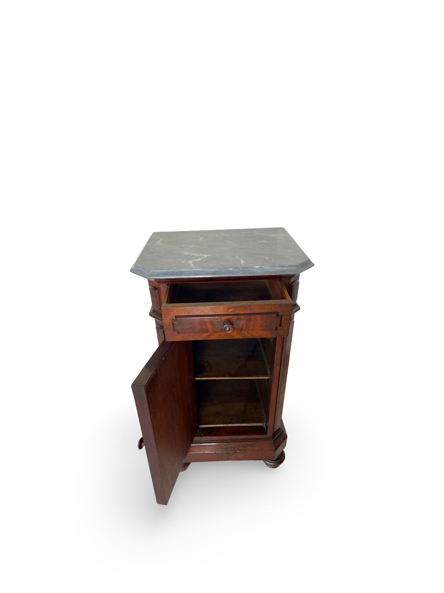 A pair of antique walnut bedside tables from the 1890s.