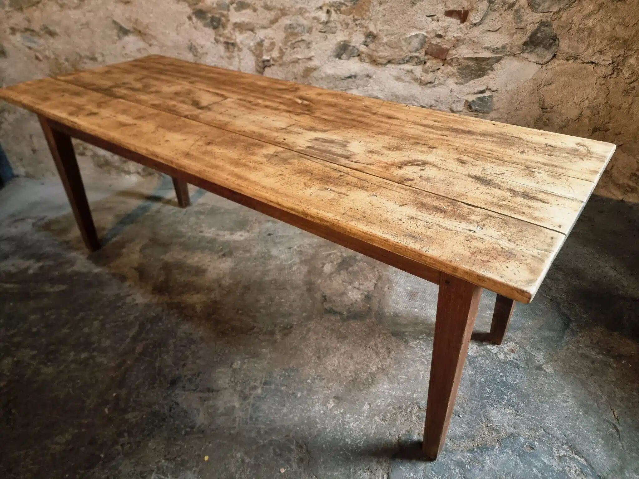 Antique French country dining table – Oak base and pine top, circa 1900