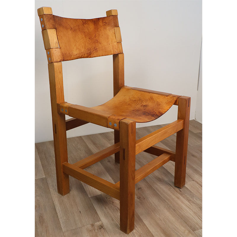 Chaise vintage Maison Regain en orme et cuir 1970