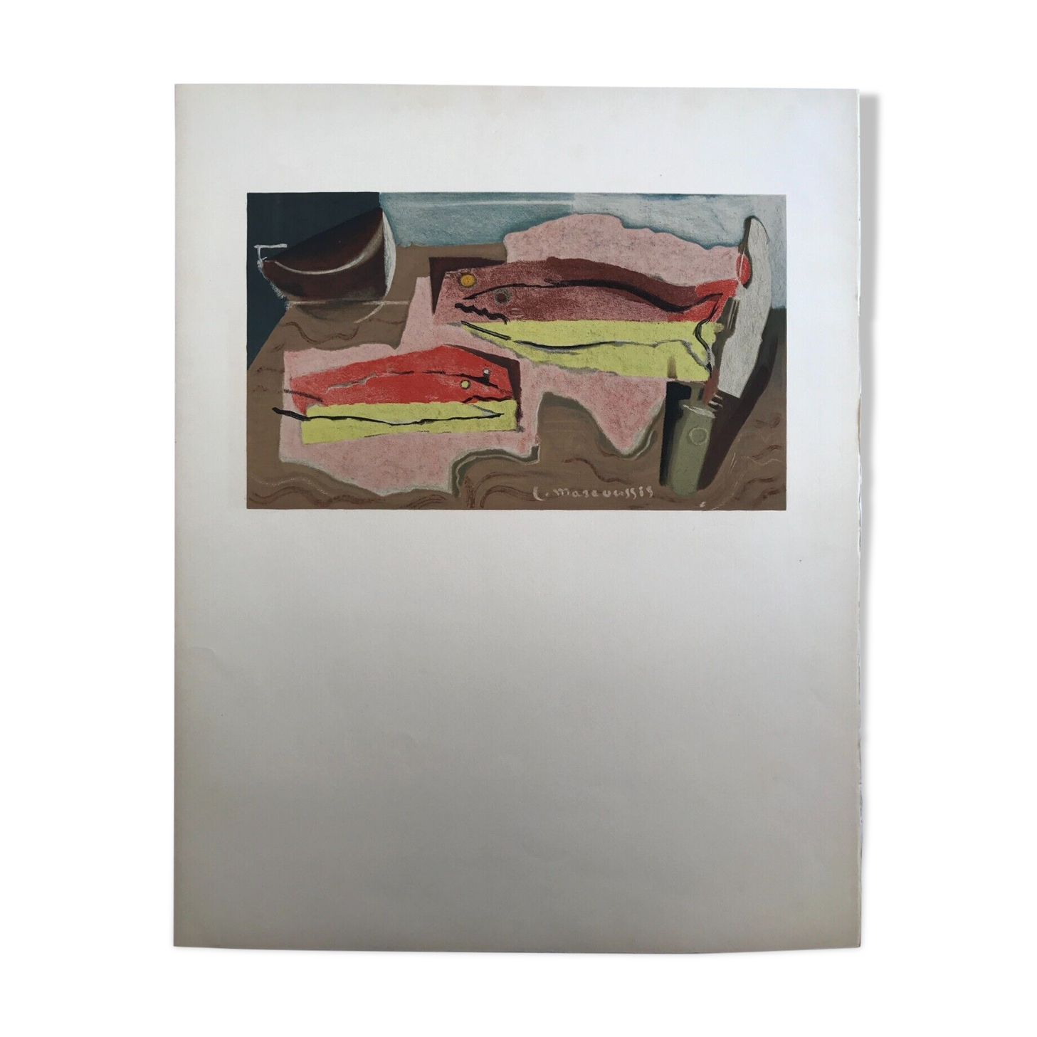 Lithograph by Louis Marcoussis, still life with fish, 1955
