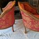 Pair of louis xv cabriolet armchairs with sculpted wood and pink & red floral fabric