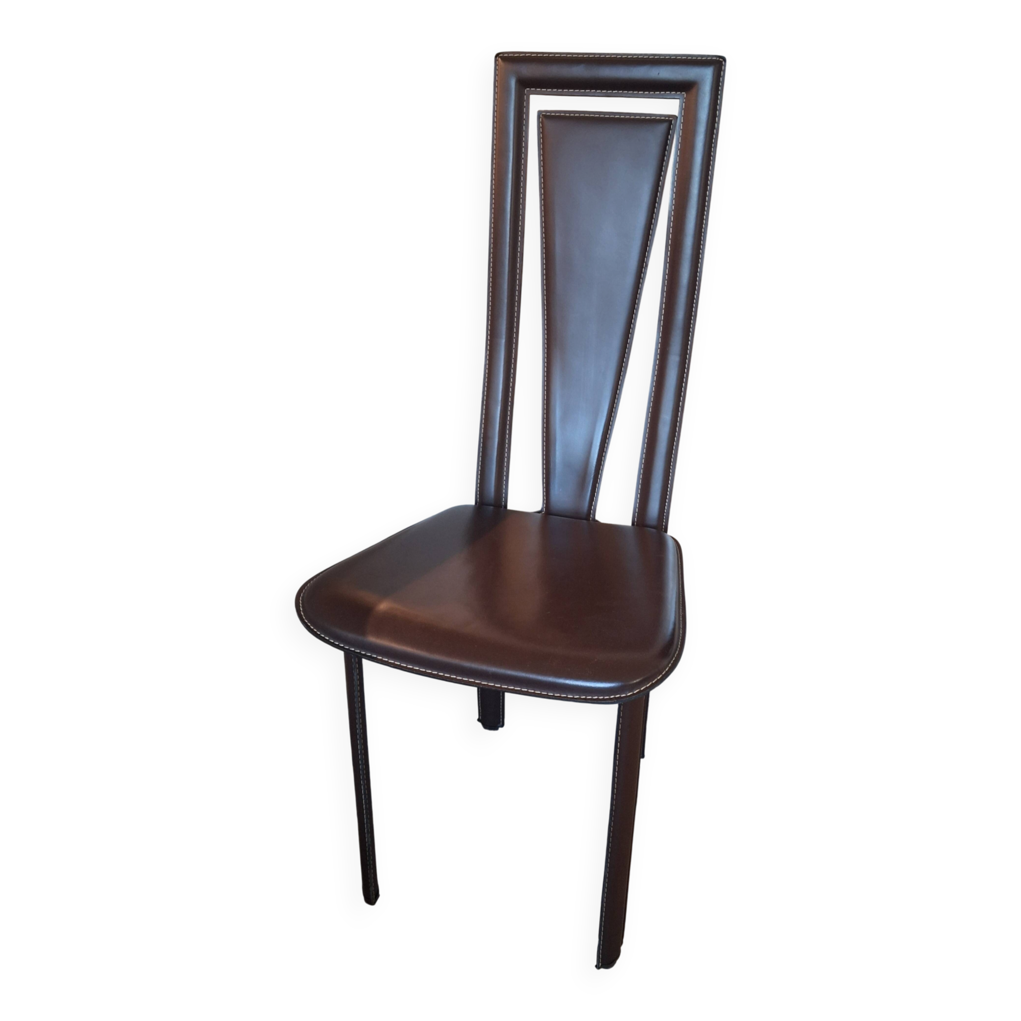 Set of 6 wooden chairs covered in leather.