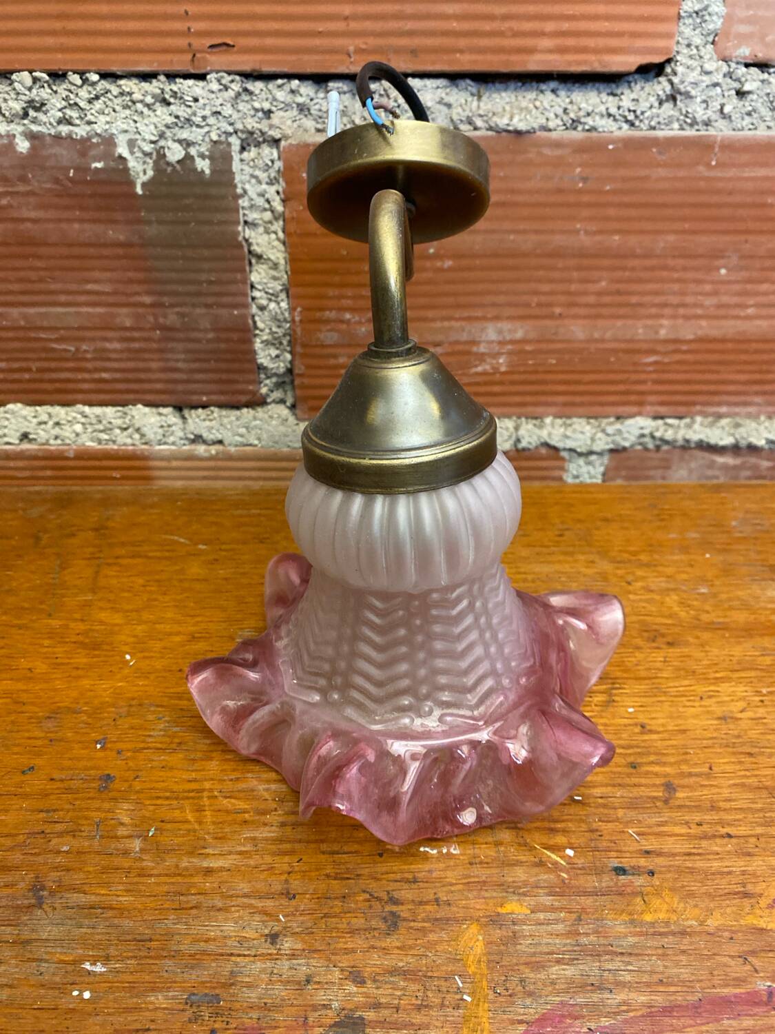 Antique Swan Neck Wall Lamp Gold Metal + Vintage Pink Glass Tulip