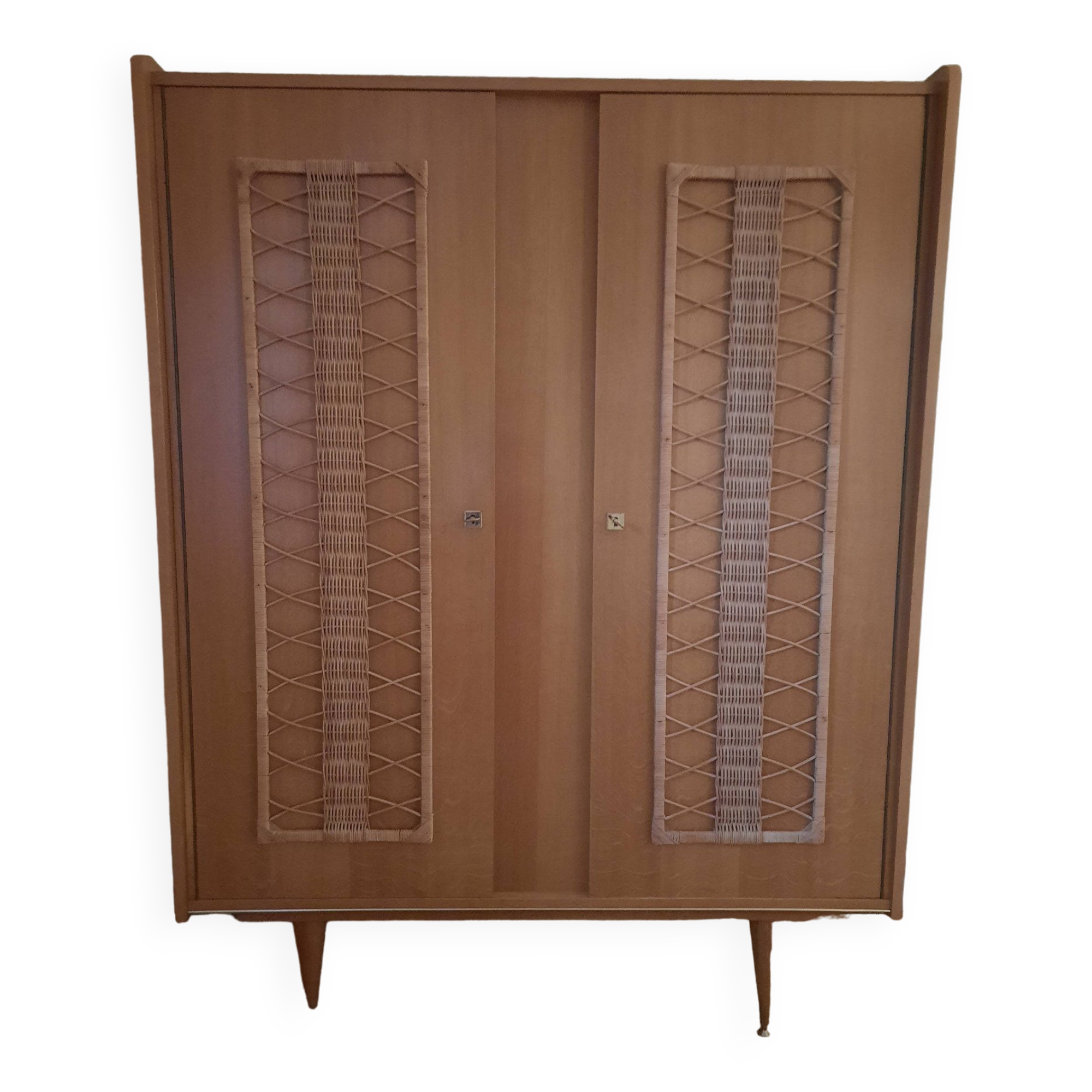 Oak and woven rattan wardrobe 60's vintage