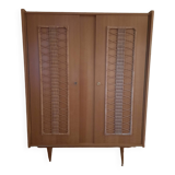 Oak and woven rattan wardrobe 60's vintage