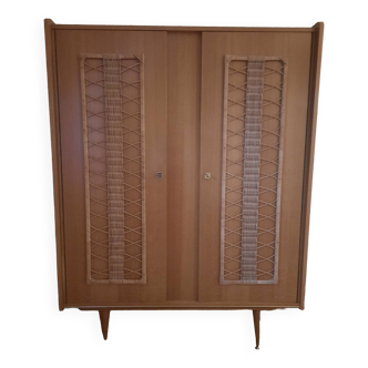 Oak and woven rattan wardrobe 60's vintage