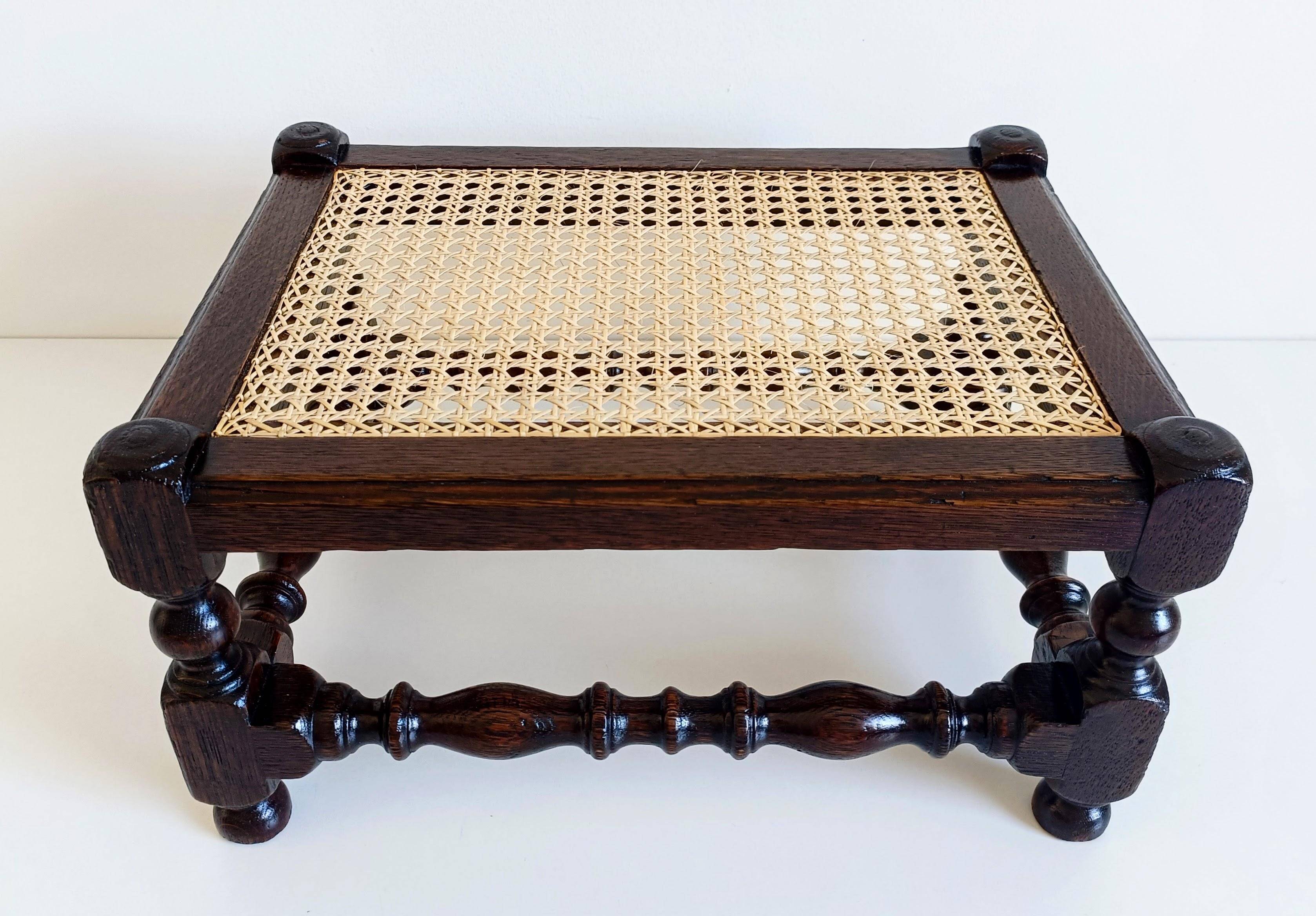 Antique Belle Epoque Oak Wood and Cane Footstool/ Occasional Table, late 19th-C