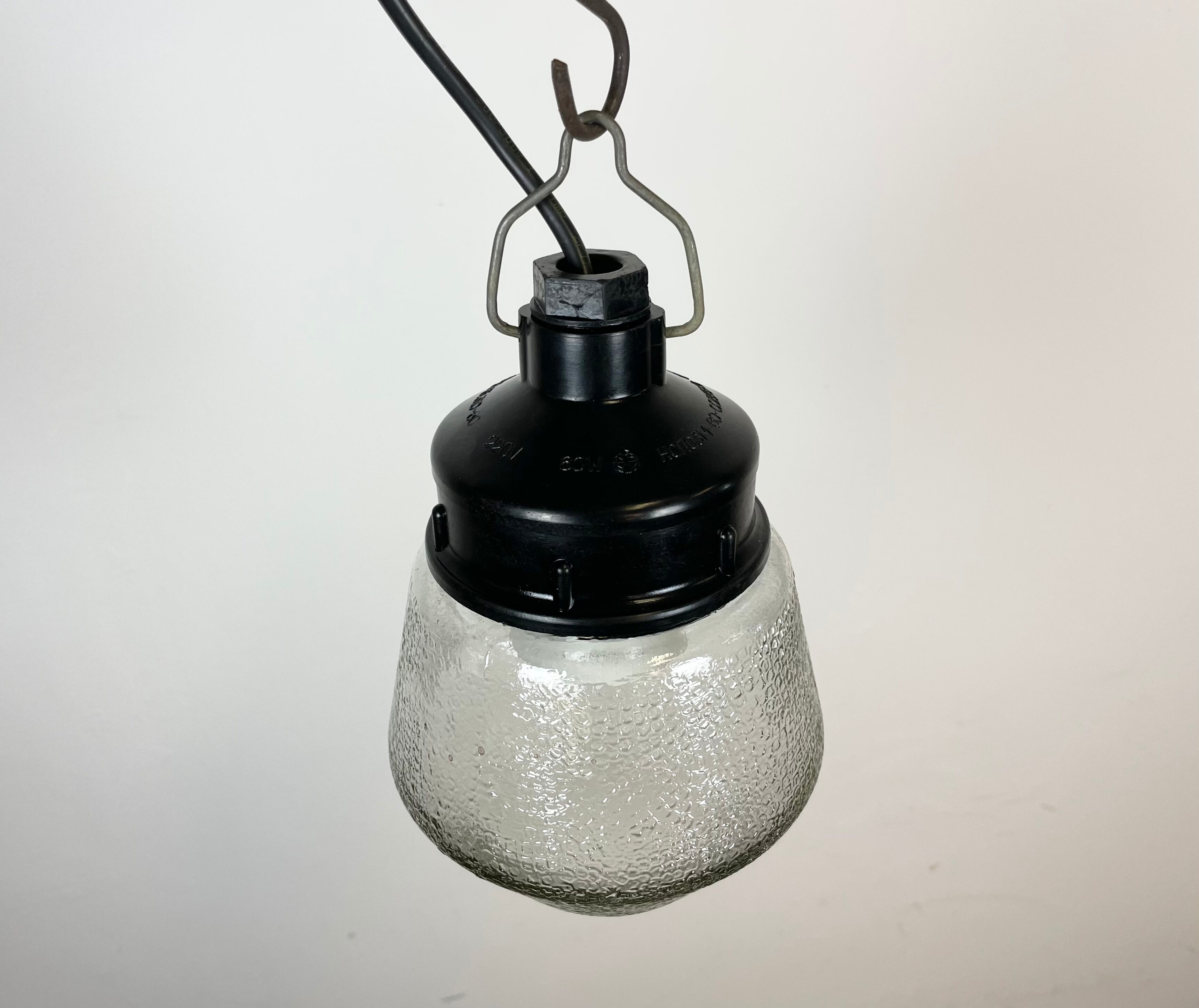Industrial Bakelite Pendant Light with Frosted Glass, 1970s