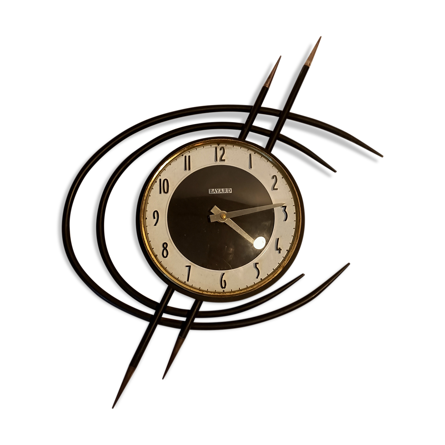 Bayard ortf wall clock in black metal and gilded brass. 1960