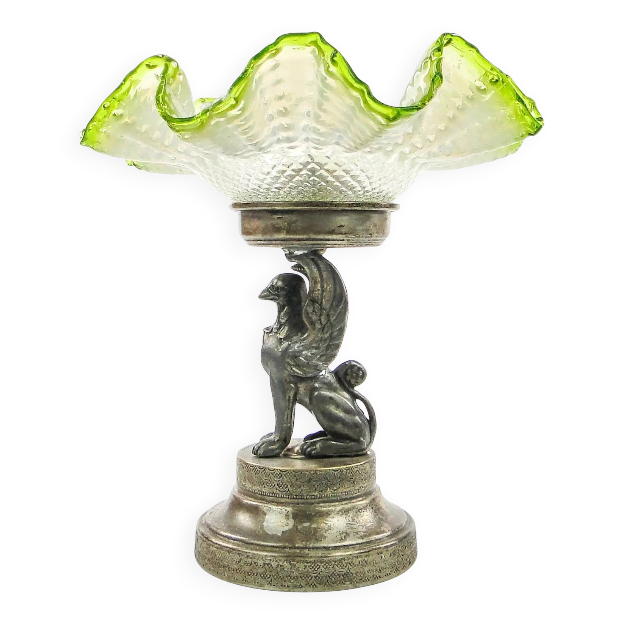 Neoclassical figural centerpiece with griffin, silver-plated pewter, silver-plated brass, Plewkiewicz manufactory, Poland, early 20th century