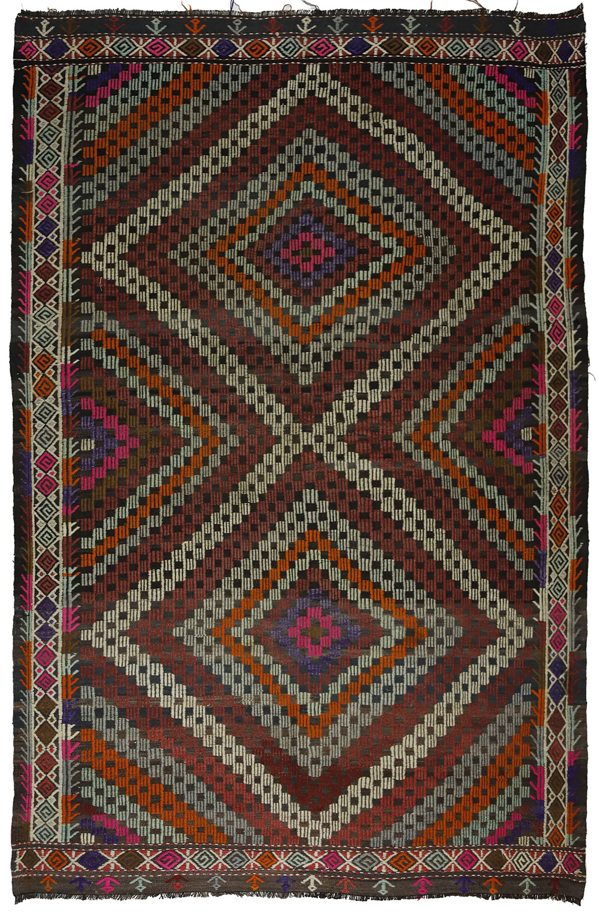 Grand kilim vintage d'Usak, 293 x 198 cm, laine 100 %, tissé à la main – un