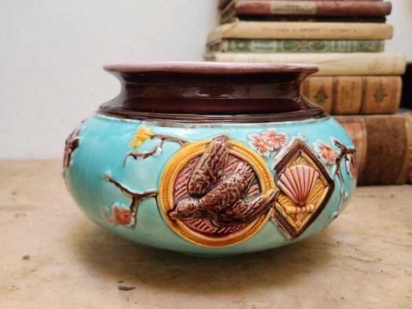 Antique Français Jardinière Barbotine Art Nouveau Style Japonais Oiseau et Éventail