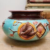 Antique French Barbotine Planter Art Nouveau Japanese Style Bird and Fan