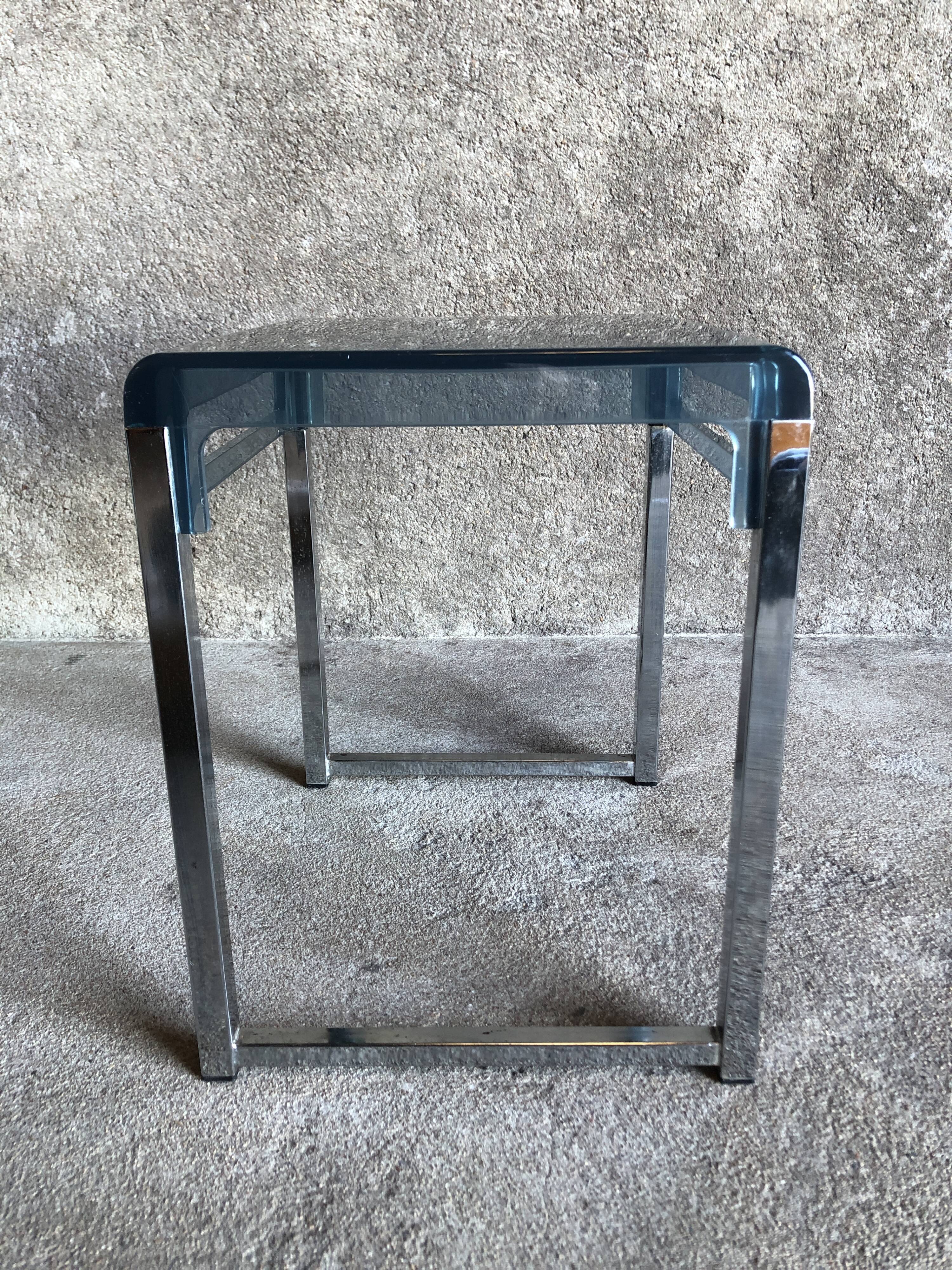 Bedside table in blue plexiglass and chrome metal, 1970