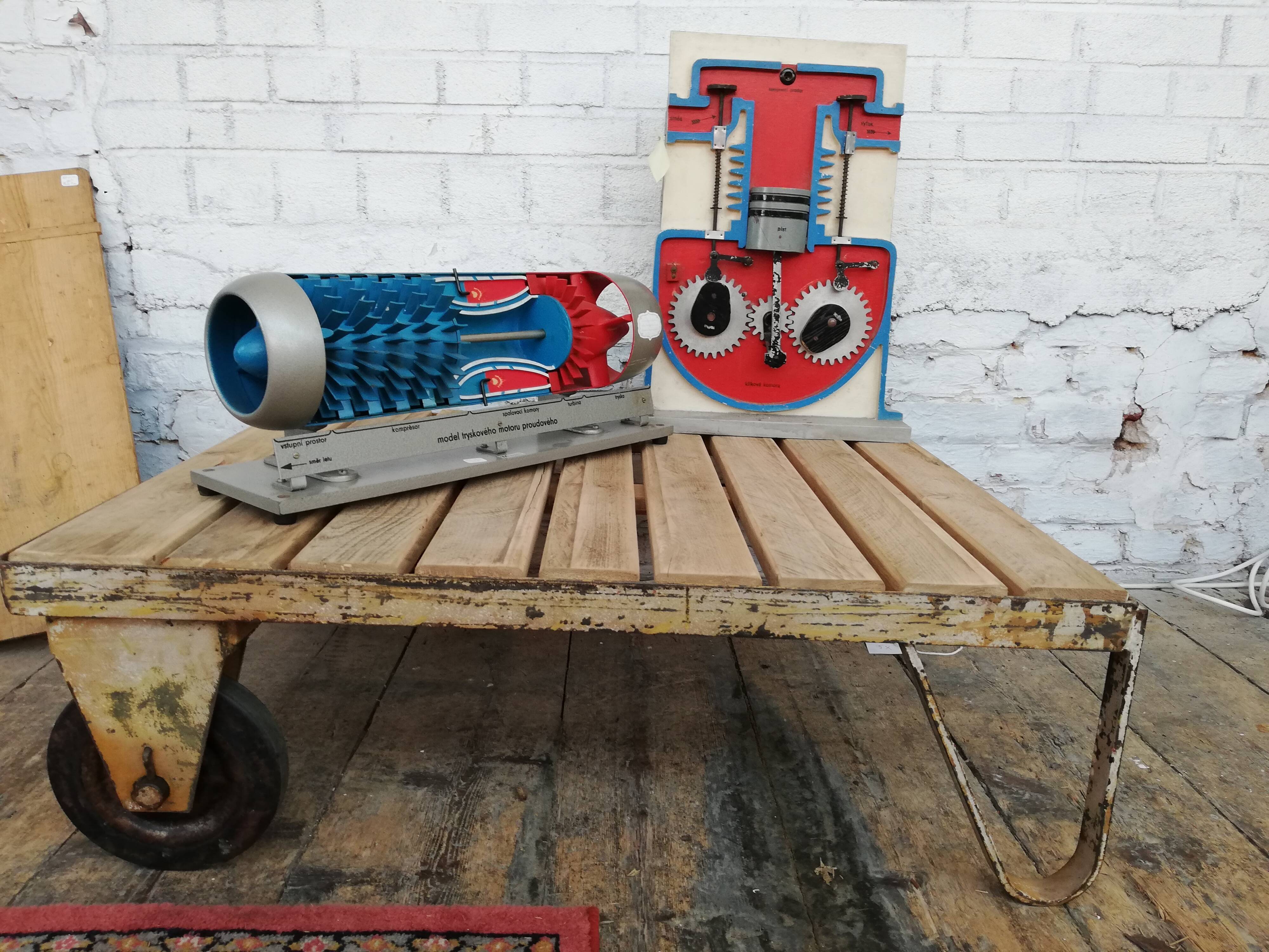Wooden and metal coffee table, old industrial trolley