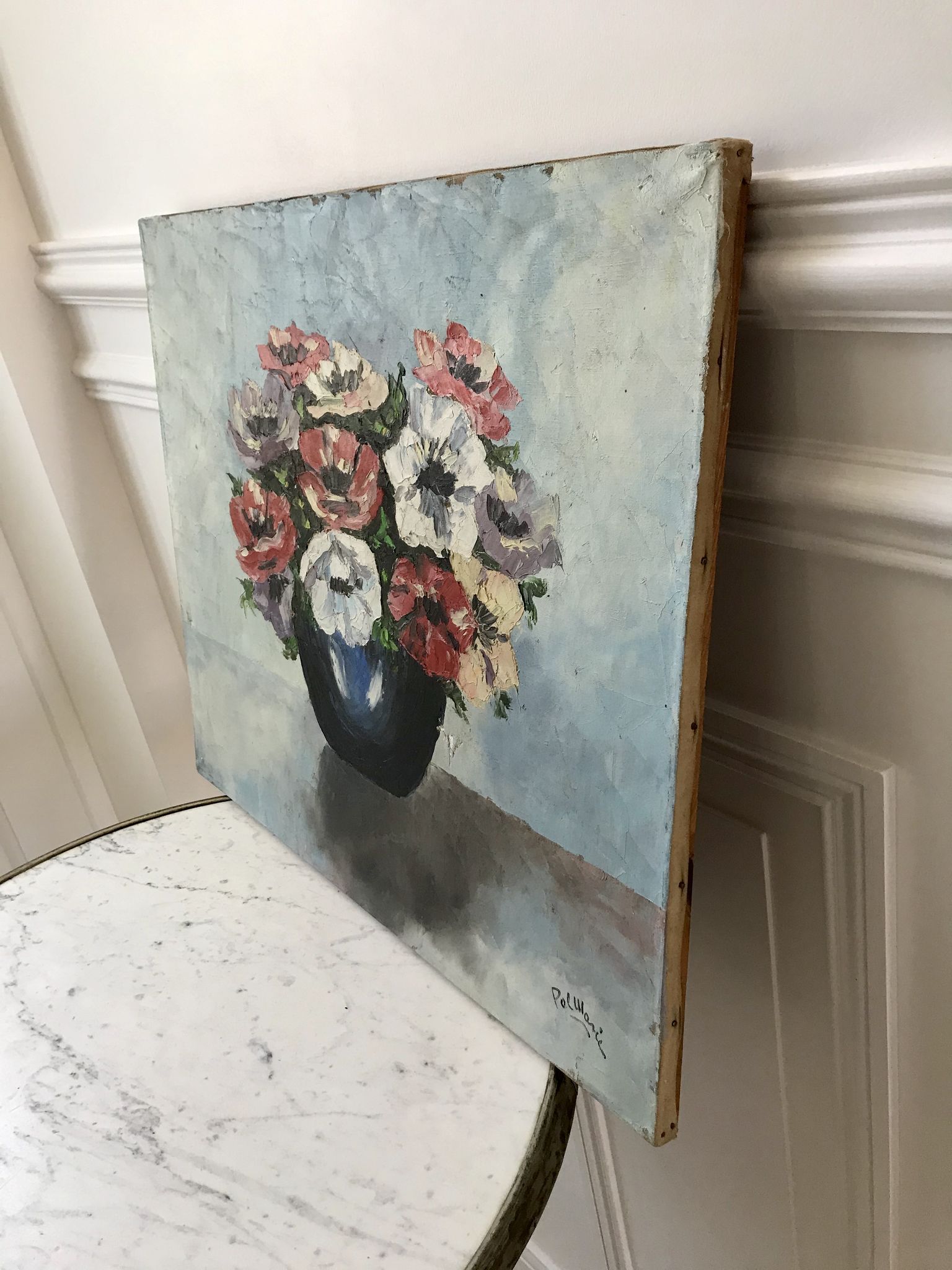 Old painting signed oil on canvas bouquet of vintage anemone flowers